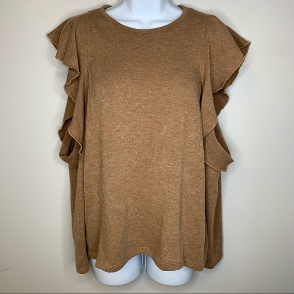 Zara Tan Ruffle-Sleeve Cold Shoulder Sweater Size Small - Picture 4 of 11